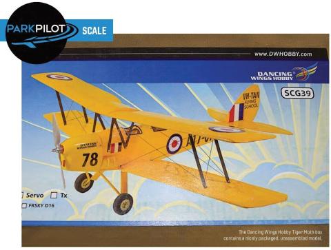 Dancing Wings Hobby Tiger Moth model box featuring a yellow biplane