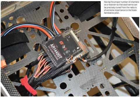 Close-up of a radio receiver and wiring mounted inside a carbon-fiber model aircraft.