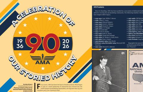 Large circular 90th anniversary AMA emblem spanning the two-page spread with graphic "90" and AMA logo