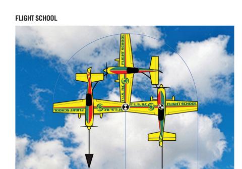 Three yellow training airplanes shown from above against a blue sky