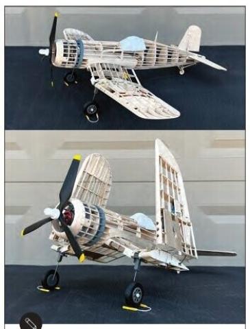 Two photographs of Derek Micko’s F4U-1A Corsair model aircraft.