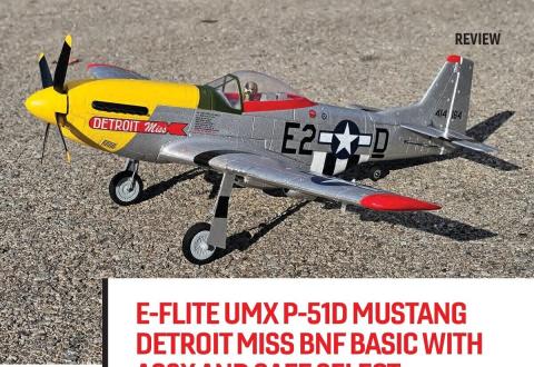 E-flite UMX P-51D Mustang Detroit Miss model on a paved surface.