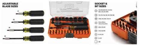 Klein Tools ProFlex impact driver bit and socket set, with adjustable blade-size screwdrivers, socket and bit size guide, and orange storage case