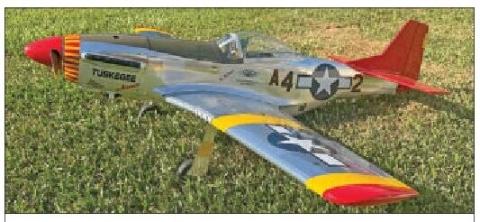 Silver and red P-51D Mustang model photographed on grass.