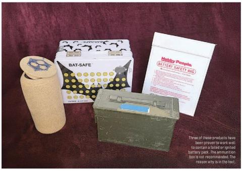 Products for safely containing a failed or ignited battery pack, including a battery safety bag and containment boxes.