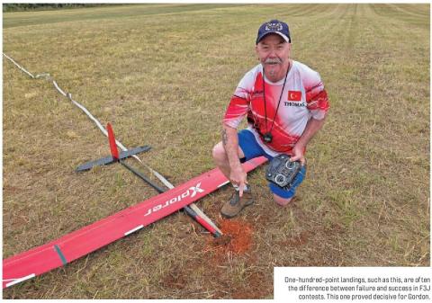 A model sailplane and its pilot on a grassy field after a landing.