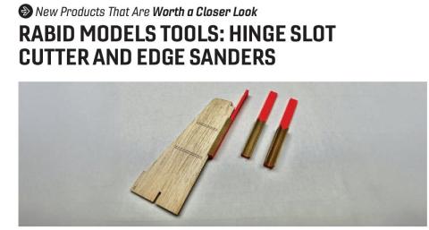 Rabid Models hinge slot cutter tools and sanding sticks beside a wooden control surface